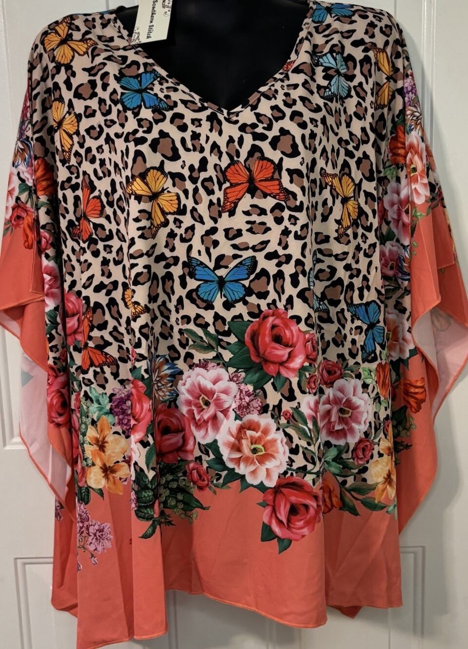 Southern Stitch Butterfly Floral Leopard Kimono Tunic Poncho Top Free Size NWT